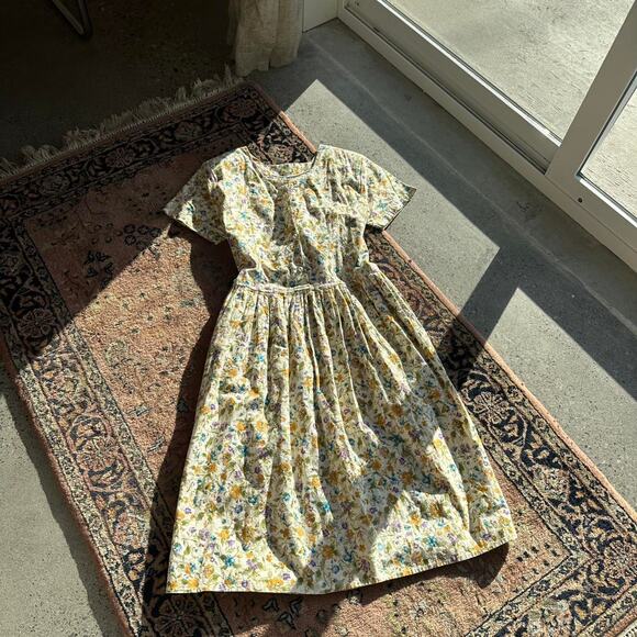 Women's Medium Dress Yellow Cotton Micro Floral Vintage Summer - Picture 1 of 5